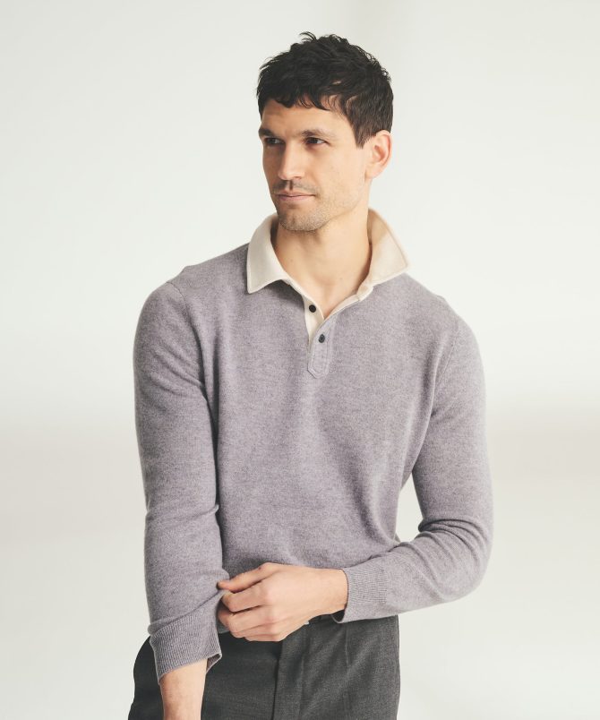 Signature Cashmere Long Sleeve Polo with Contrast Collar - Image 6