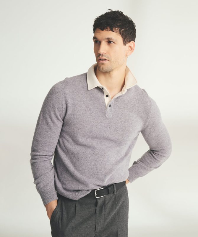 Signature Cashmere Long Sleeve Polo with Contrast Collar - Image 2