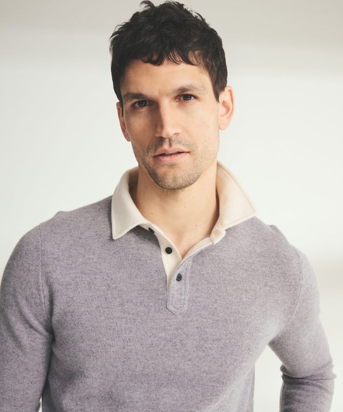 Signature Cashmere Long Sleeve Polo with Contrast Collar - Image 4